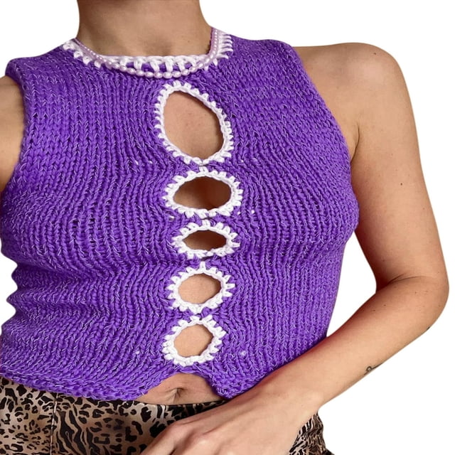 Femmes Été Sans Manches Gilet en Tricot Crop Tops Cou Creux Slim Fit Débardeurs Loisirs Camisole Rose Rouge M