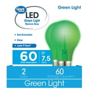 Great Value LED Light Bulb, 7.5 Watts (60W Equivalent) A19 Lamp E26 Medium Base, Non-Dimmable, Green, 2-Pack