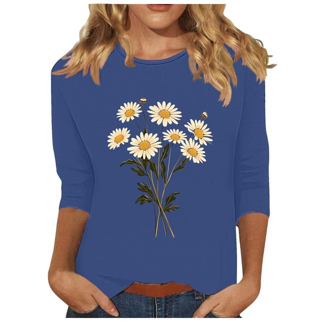 Tnhcen Chemises à Manches 3/4 Col Rond Imprimé Floral Automne pour Femmes - Basiques Décontractés Grande Taille P-3TG