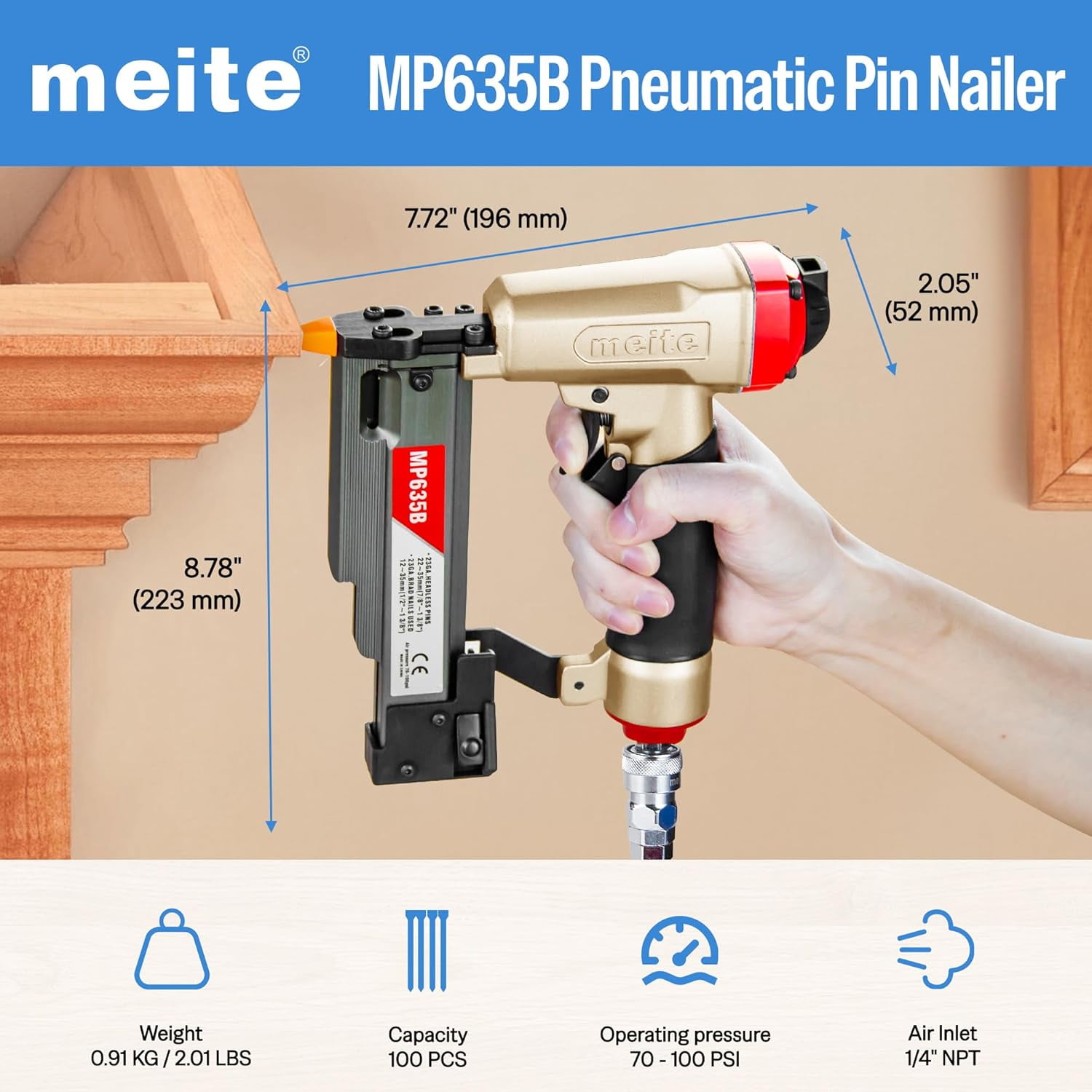 MEITE MP635B Pneumatic 23 Gauge Pin Nailer Nail Gun