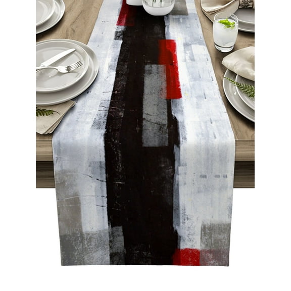Table Runner Dresser Scarves 90 Inch Long, Geometric Modern Painting Art Linen Dining Table Runners Abstract Red Gray Black Color Block Tabletop Scarf for Wedding Holiday Party Kitchen