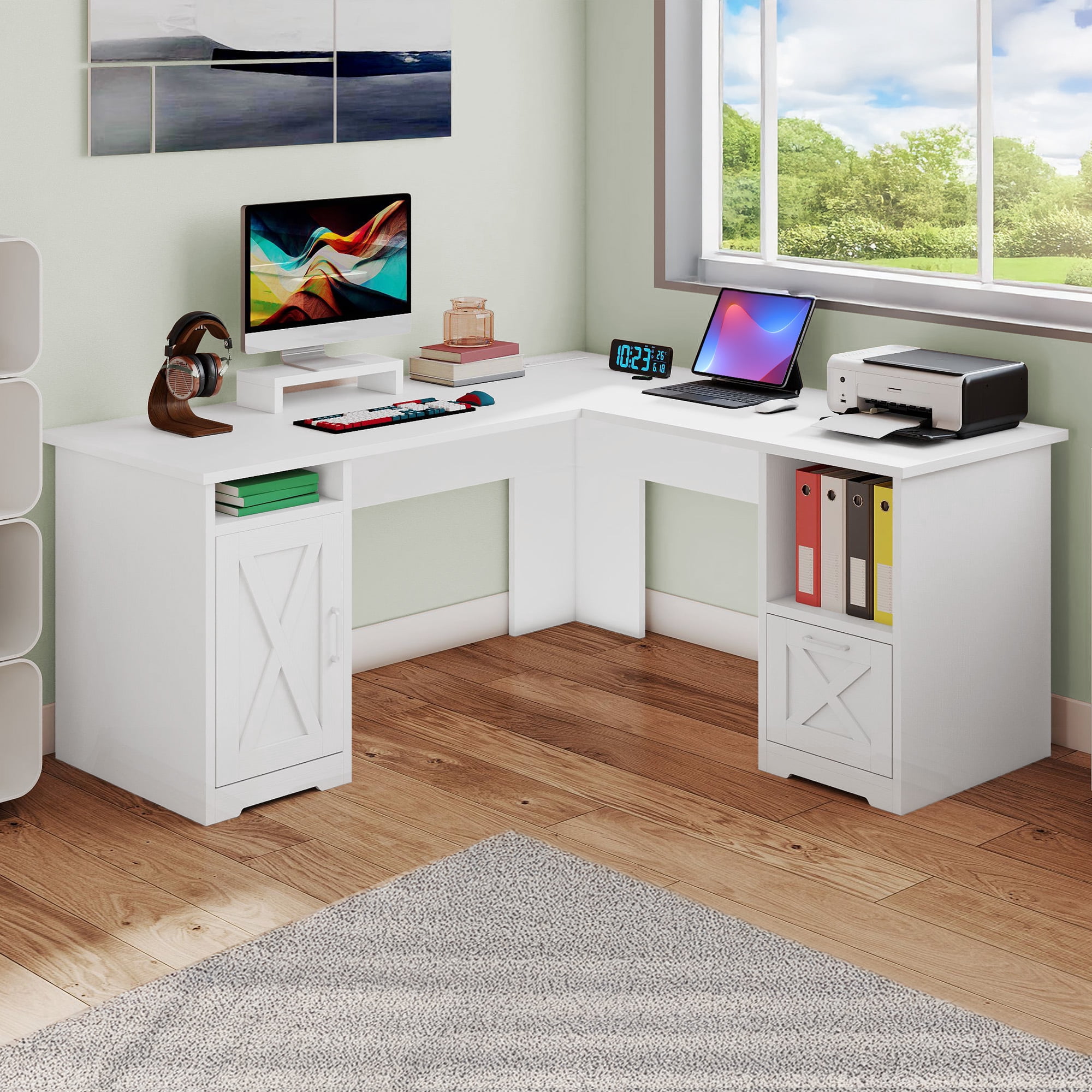 Uforic 59" L Shaped Desk with Power Outlets,Large Computer Desk with Drawers, Home Office Desk,White