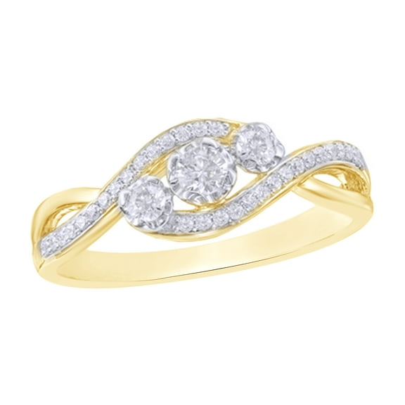 Round Cut White Natural Diamond Three Stone Bypass Ring in 10k Yellow Gold (0.33 Cttw)