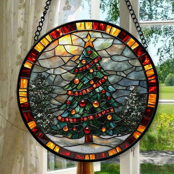 Stained Glass Window Hanging - Winter Christmas Tree Suncatcher Ready to Hang Window Doors Home Decoration, Christmas, Mother's Day Birthday Gifts for Women, Men, and Mom, Stained