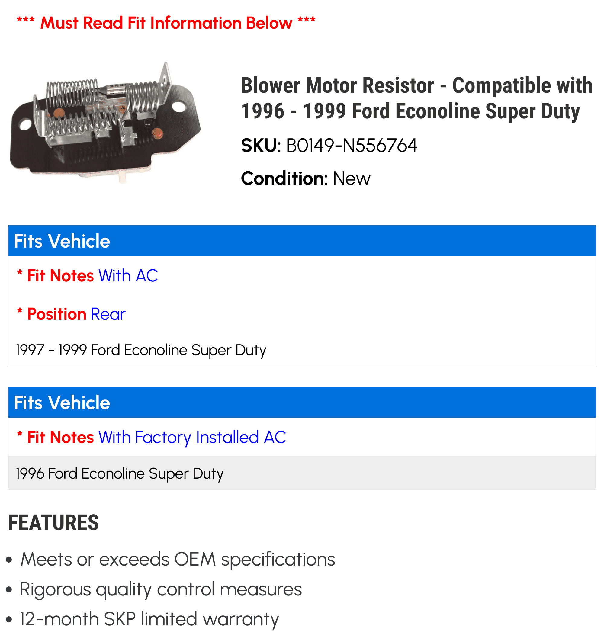 Blower Motor Resistor - Compatible with 1996 - 1999 Ford Econoline Super Duty 1997 1998