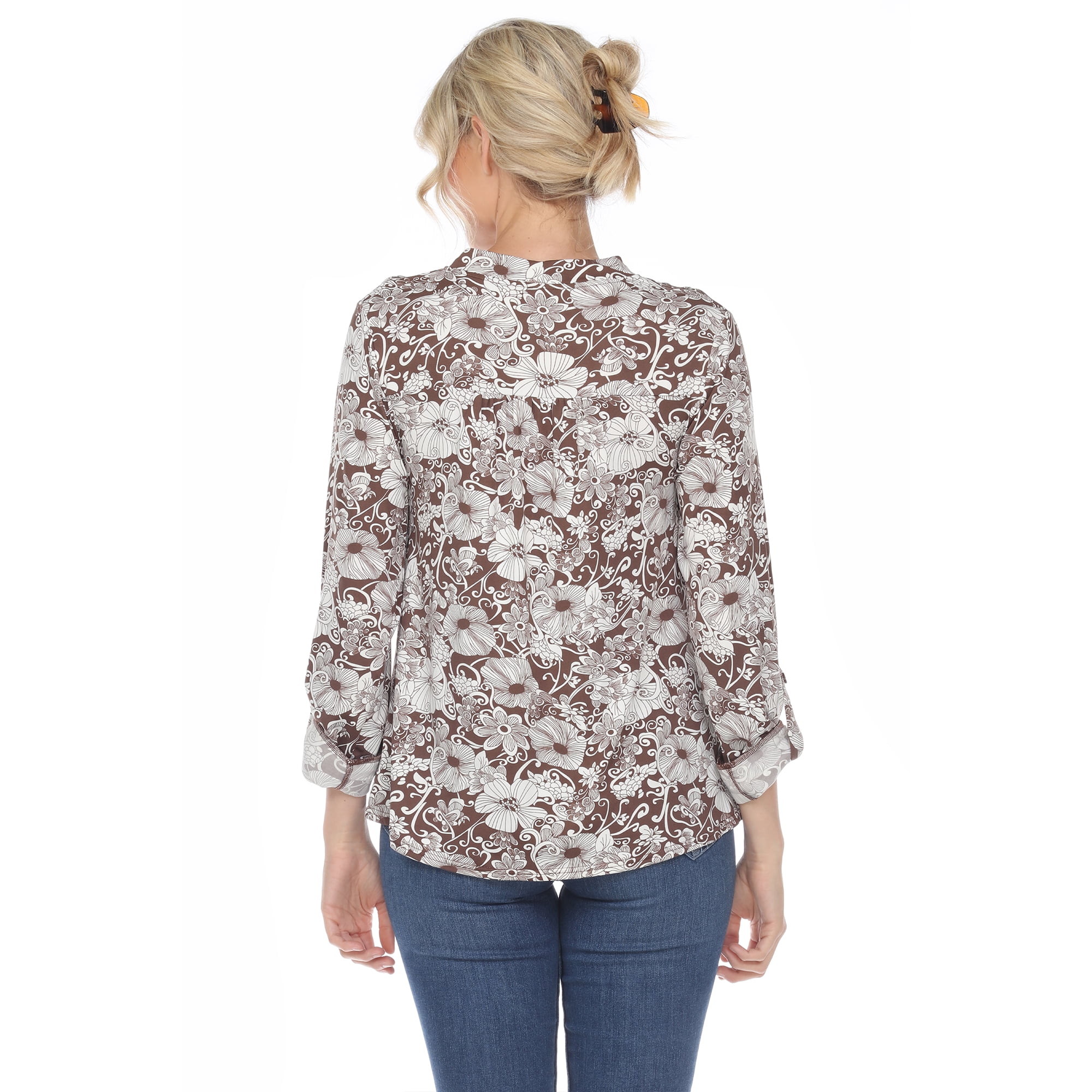 White Mark Women's Pleated 3/4 Sleeve Floral Print Blouse