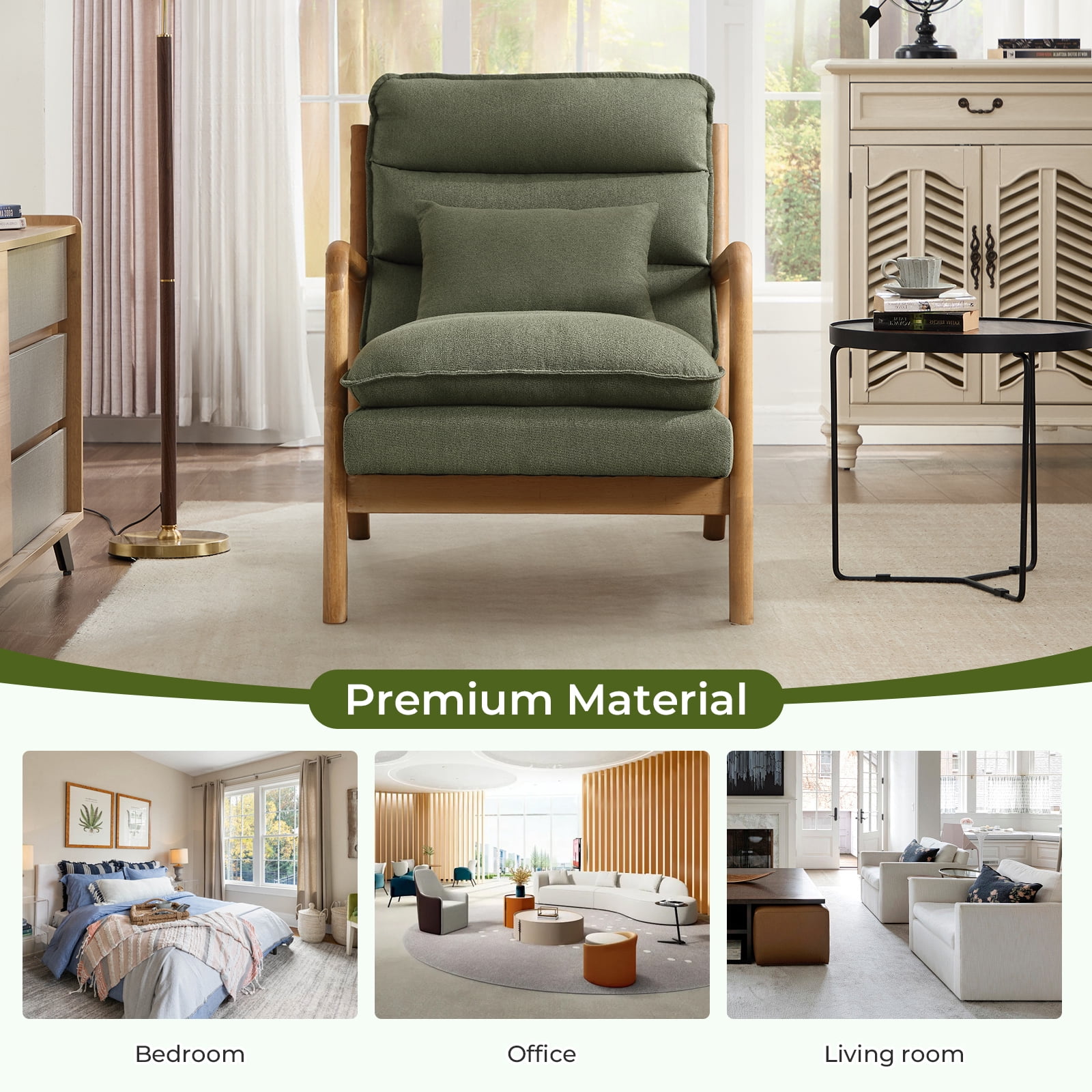 Ebello Mid Century Modern Accent Chair, Double-Padded Reading Armchair with Wood Frame & Lumbar Cushion for Living Room, Bedroom & Office, Green