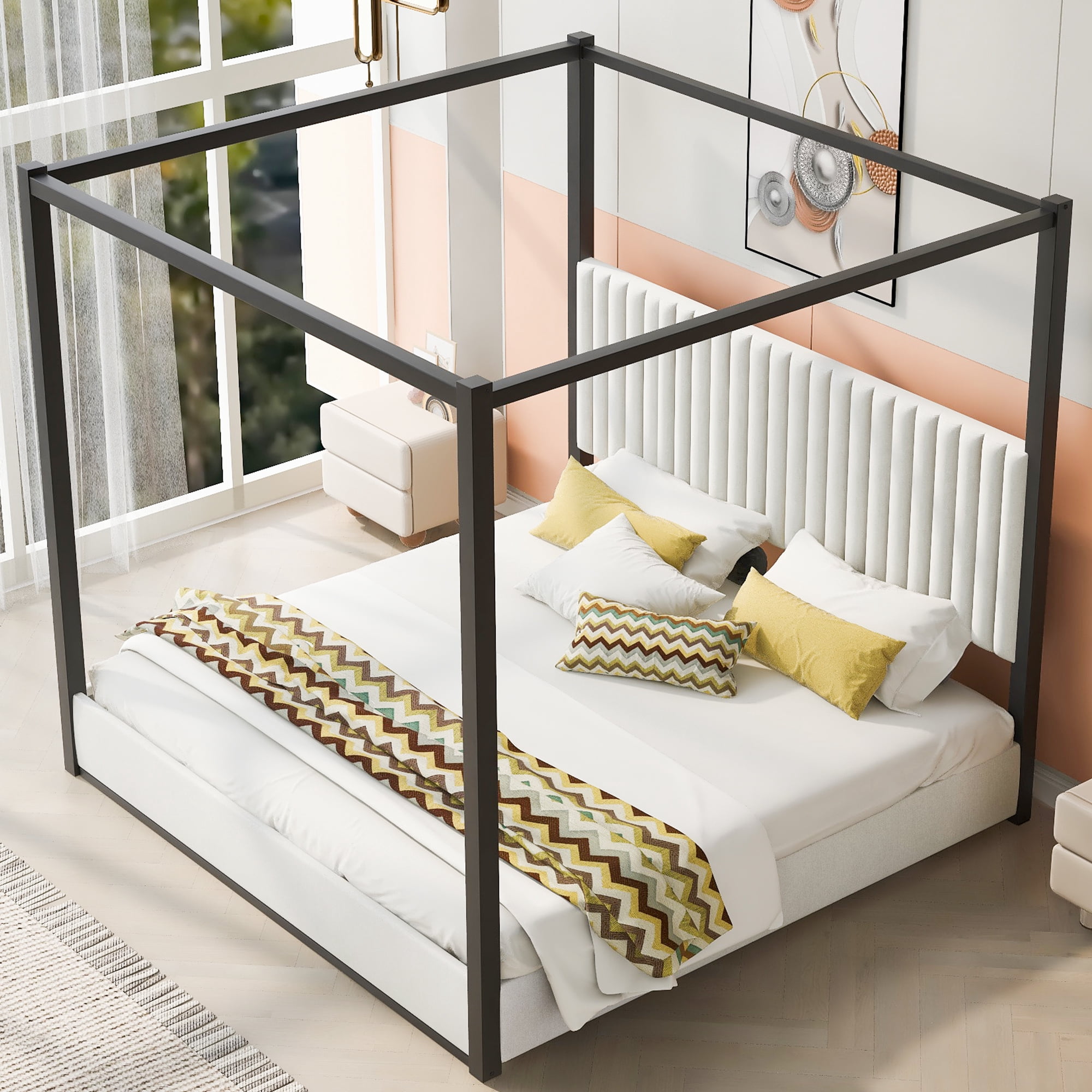 Euroco King Size Canopy Bed with Metal Frame and Upholstery Headboard, Black
