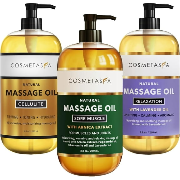 Cosmetasa 3-Piece Massage Oil Spa Set, Natural Muscle Massager Body Oil, 8.8 fl oz Each