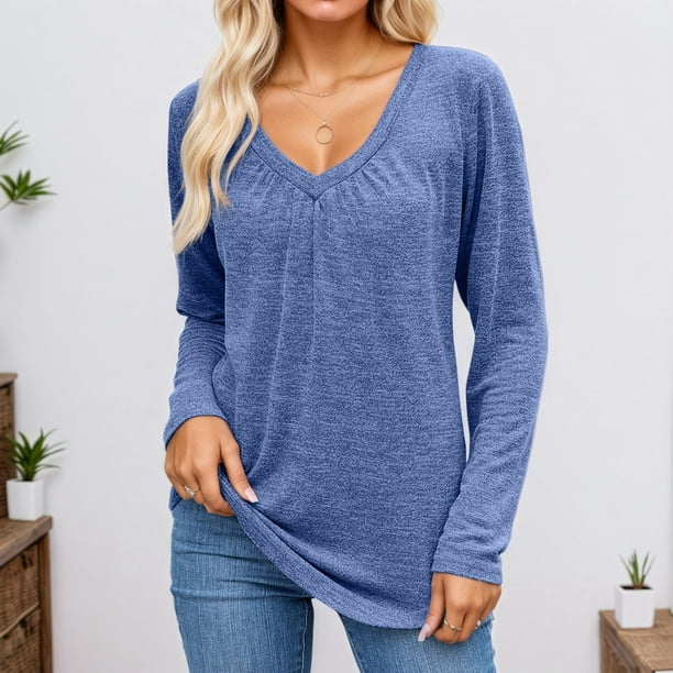 MHFRRA Camisetas de Mujer de Manga Larga Holgadas para Primavera y Otoño con Diseño Plisado Azul