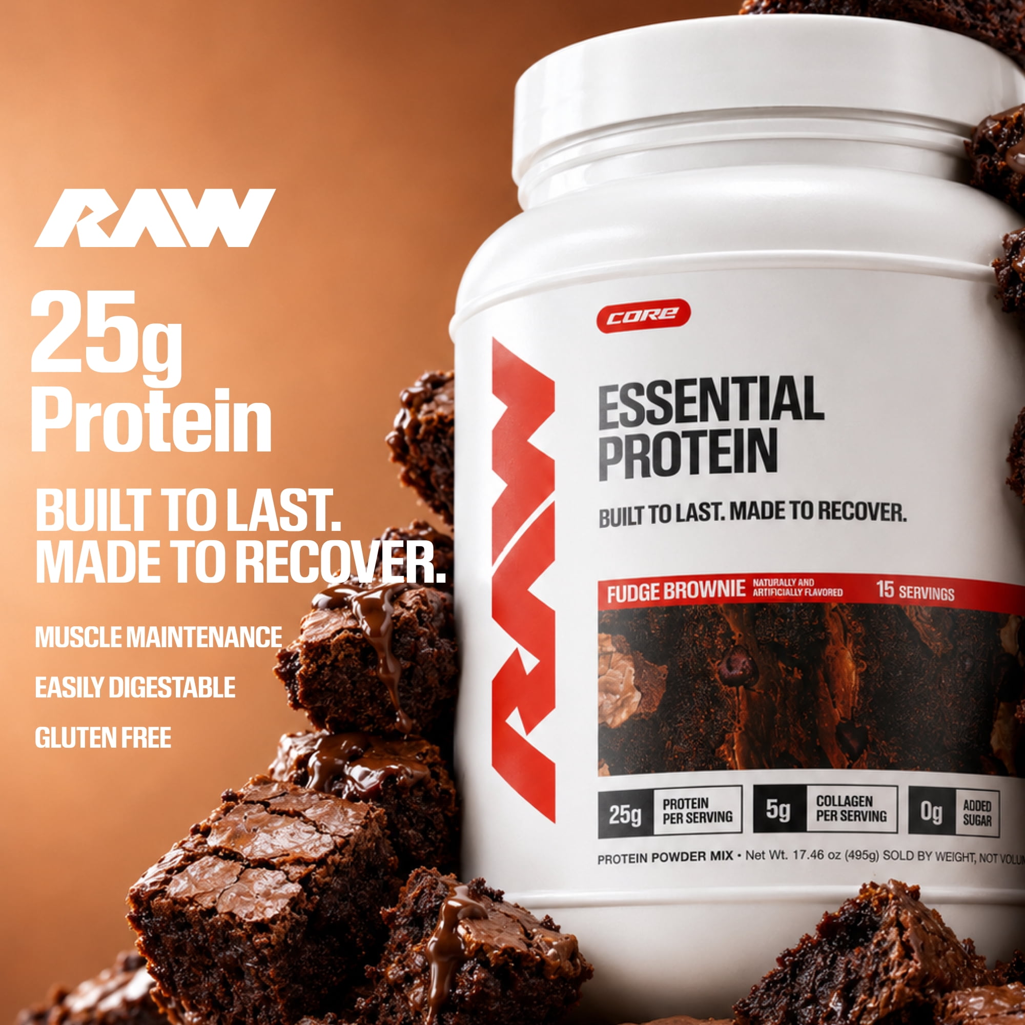 RAW Nutrition Essential Protein Powder, 25g Protein, Fudge Brownie, 15 Servings