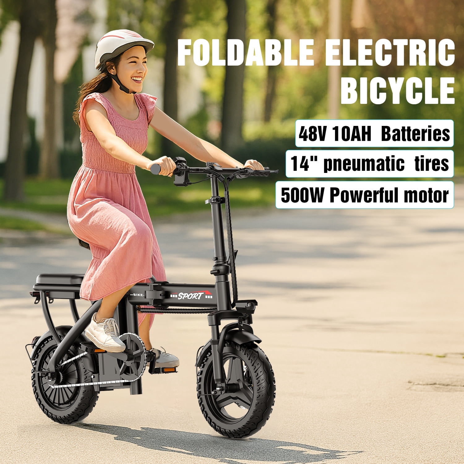 14" Electric Bike with Dual Front Suspension，500W Folding Ebike, Up to 25Miles 20MPH, 48V Removable Lithium-Battery, Stylish 14" Foldable Commuting Electric Bicycle for Women & Men