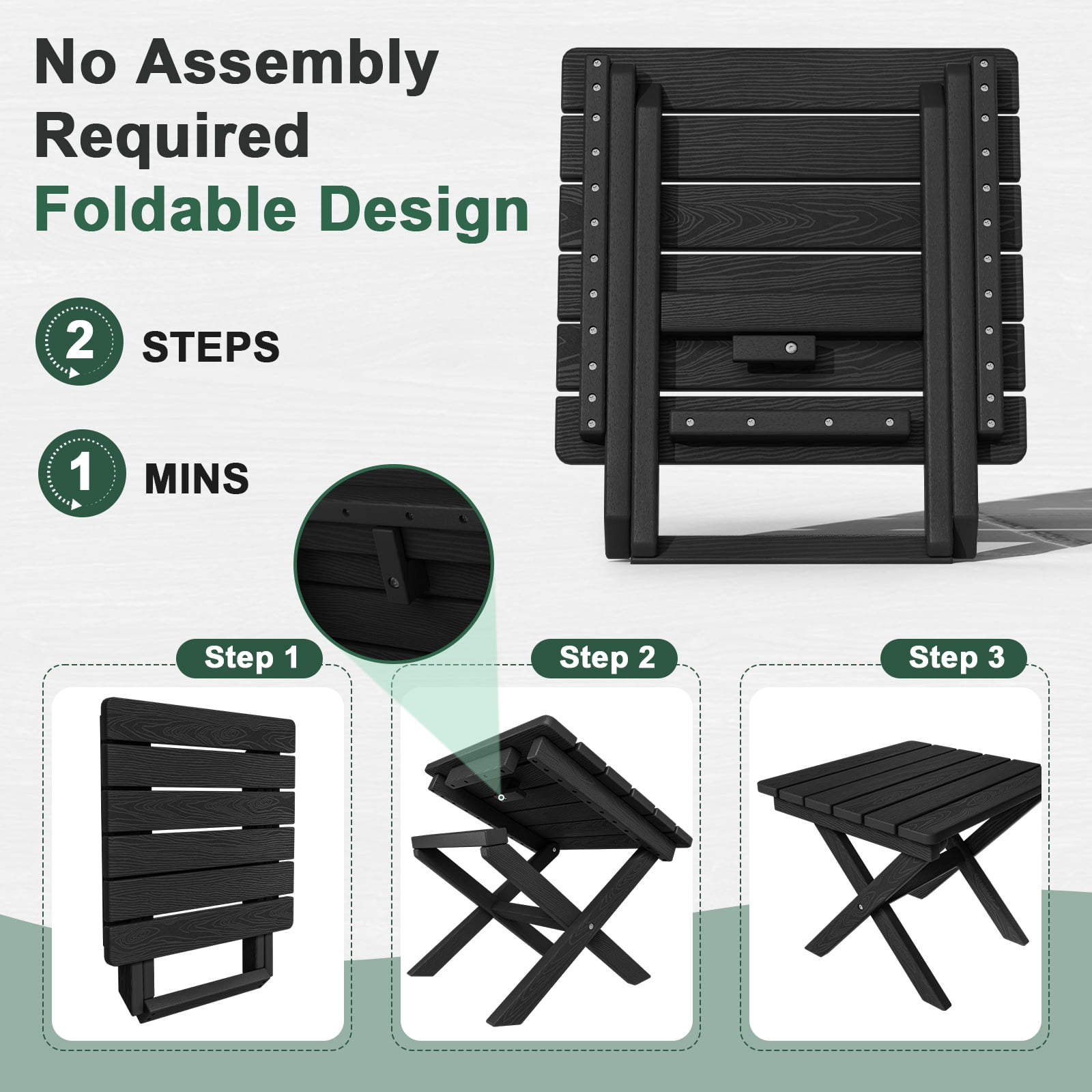 SERWALL Outdoor Small Folding Side Table, HDPE All Weather Adirondack End Table, No Assembly Required, Black