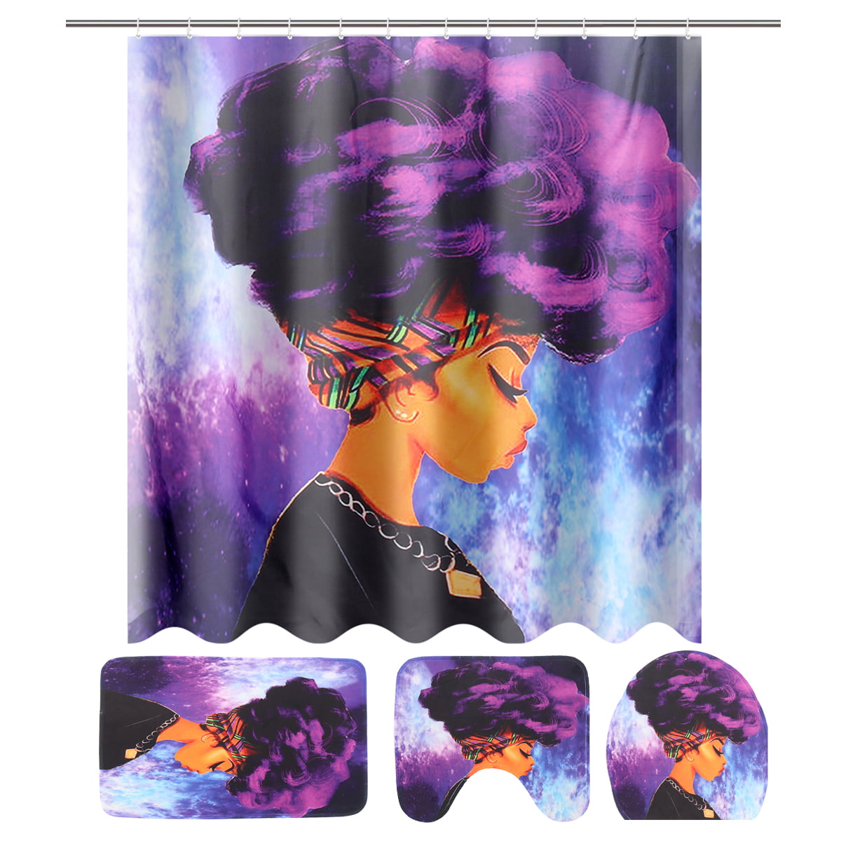African Women Black Girl Shower Curtain Black Hair Afro Hairstyle Waterproof 