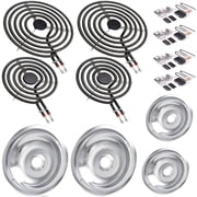 MOTMAX MP22YA Electric Range Burner Element Unit Set with 330031 Surface Element Receptacle Kit and Silver Drip Pans Compatible with Whirpool Frigidaire Kenmore Maytag Range Oven