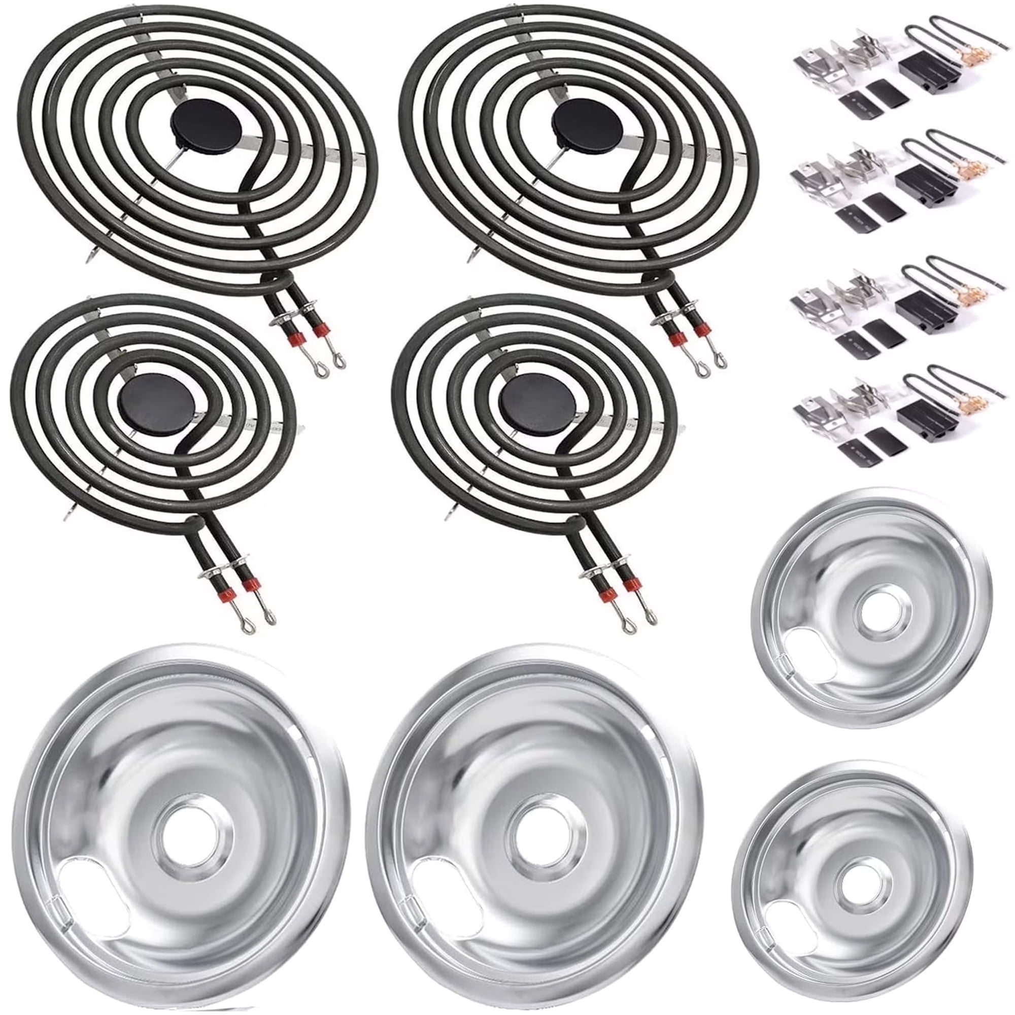 MOTMAX MP22YA Electric Range Burner Element Unit Set with 330031 Surface Element Receptacle Kit and Silver Drip Pans Compatible with Whirpool Frigidaire Kenmore Maytag Range Oven