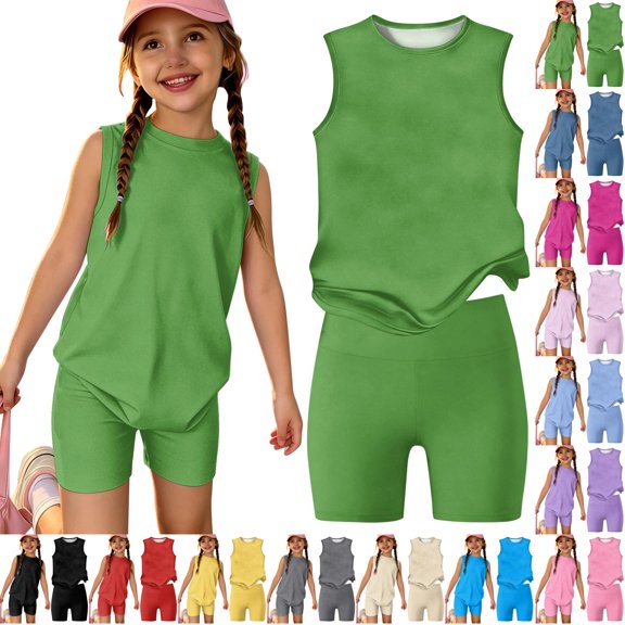 Summer Outfits for Kids Girls Size 8 Girls 2 Piece Outfits Cute Clothing Sets Vacation Sleeveless Tee Top and Y2K Shorts Athletic Activewear Green 7-8 Years