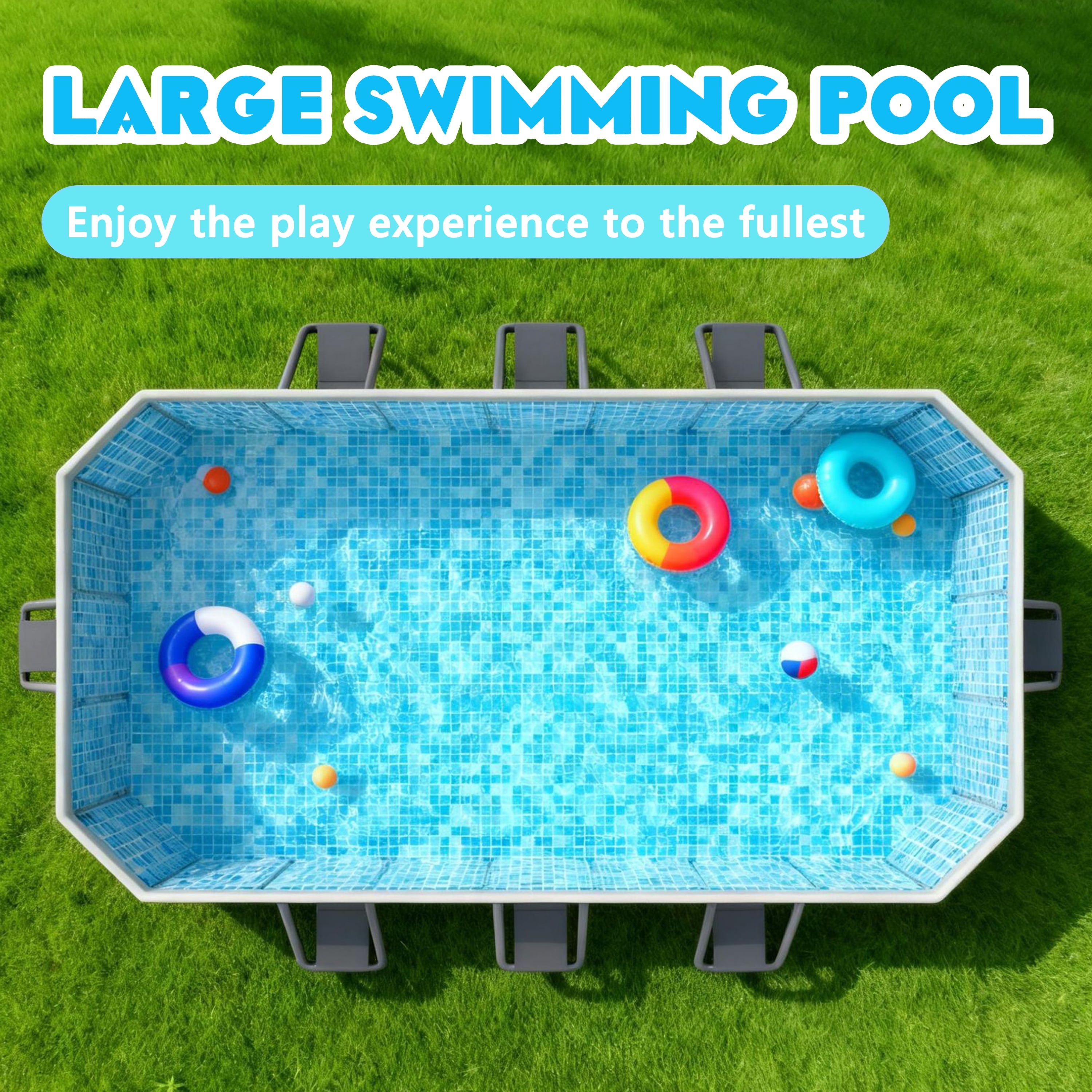 Hyindoor Outdoor Foldable Non-Inflatable Adults and Kids Swimming Pool Titanium Aluminum Support Steel Frame Anti-Slip for Lawn Garden Backyard（116" x 65" x 20"）