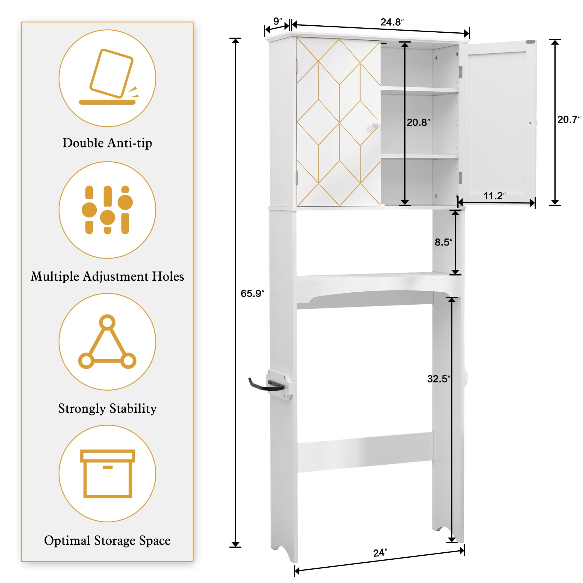 HLR Over The Toilet Storage Cabinet, Bathroom Above Toilet Storage Cabinet with Doors and Adjustable Shelves, White