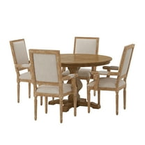 GDF Studio Joretta French Country Fabric Upholstered Wood 5 Piece Circular Dining Set, Natural and Beige