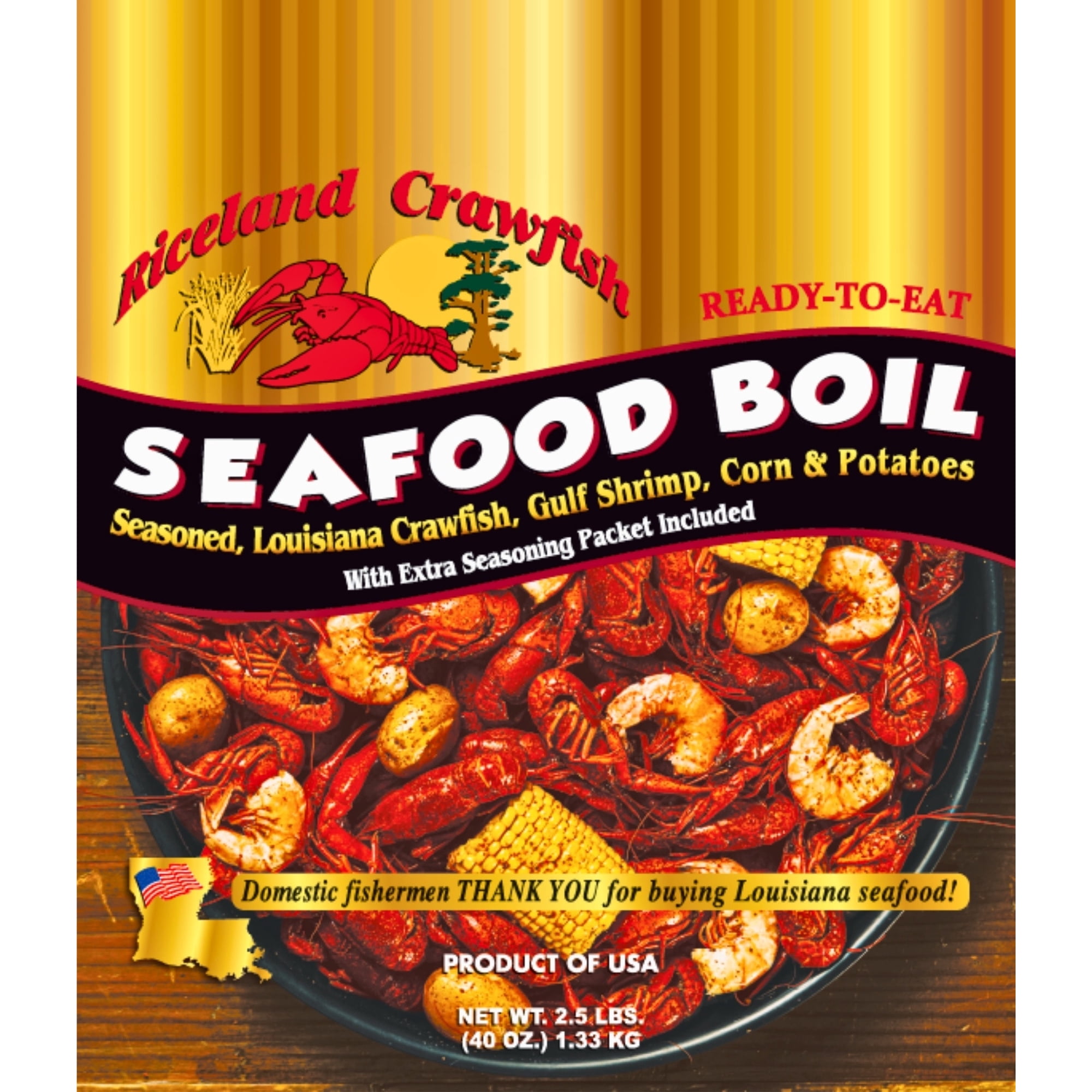 Riceland Crawfish Seafood Boil; Seasoned Louisiana Crawfish, Gulf Shrimp, Corn & Potatoes, Frozen 2.5 lb. Allergens: Shellfish
