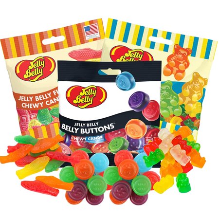 Jelly Belly Gummy Candy Variety Pack, Assorted Fruit Flavored Gummi Bears, Belly Buttons, and Chewy Fish, Pack of 3, 3 Ounces Each
