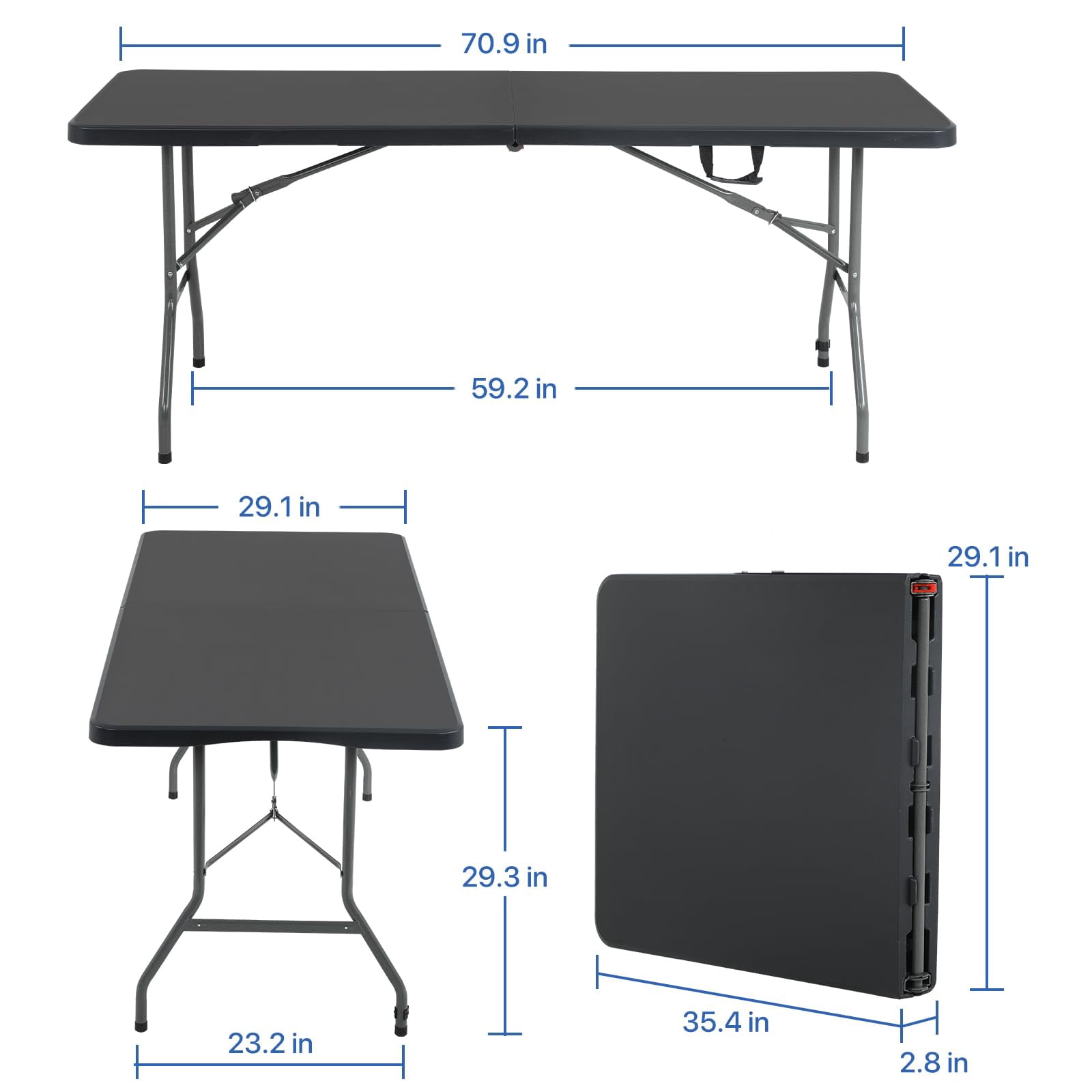 6ft Folding Table Portable Picnic Table, Lightweigh Folding Plastic Table with Handle and Steel Legs Utility Table Dining Lock for Work,Picnic,Party,Camping,Black