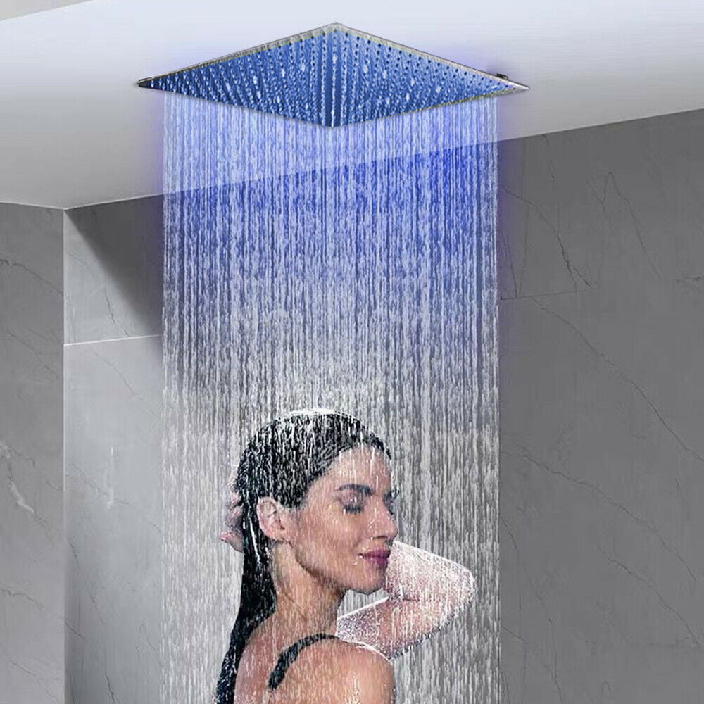 Rozin LED Light 16-inch Rainfall Shower Head Bathroom Square Top Sprayer Black 
