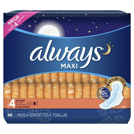 - Always Maxi, Size 4, Overnight Pads With Wings, Unscented (Choose Count)