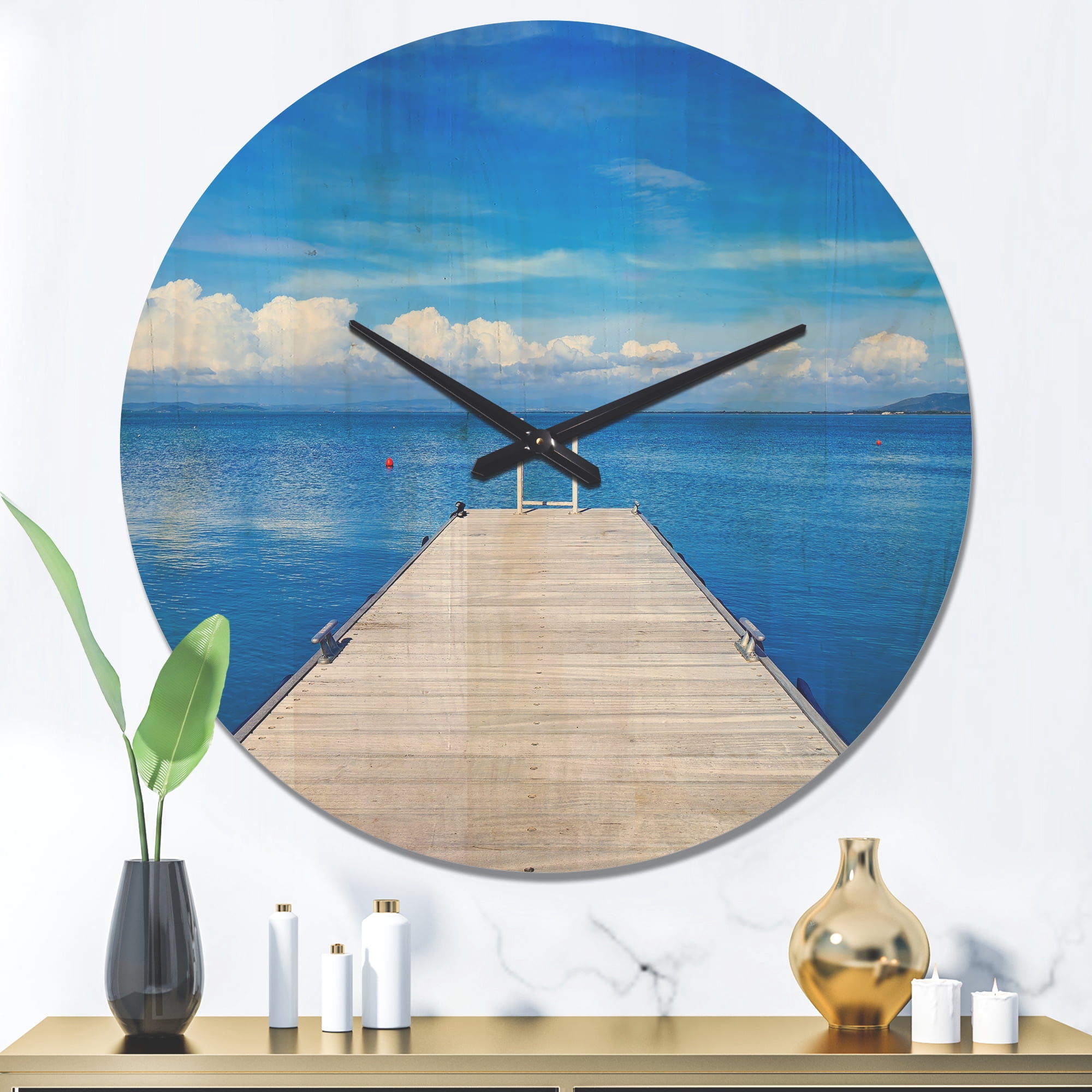 Designart 'Large Wooden Pier Over Blue Lake' Modern Wood Wall Clock
