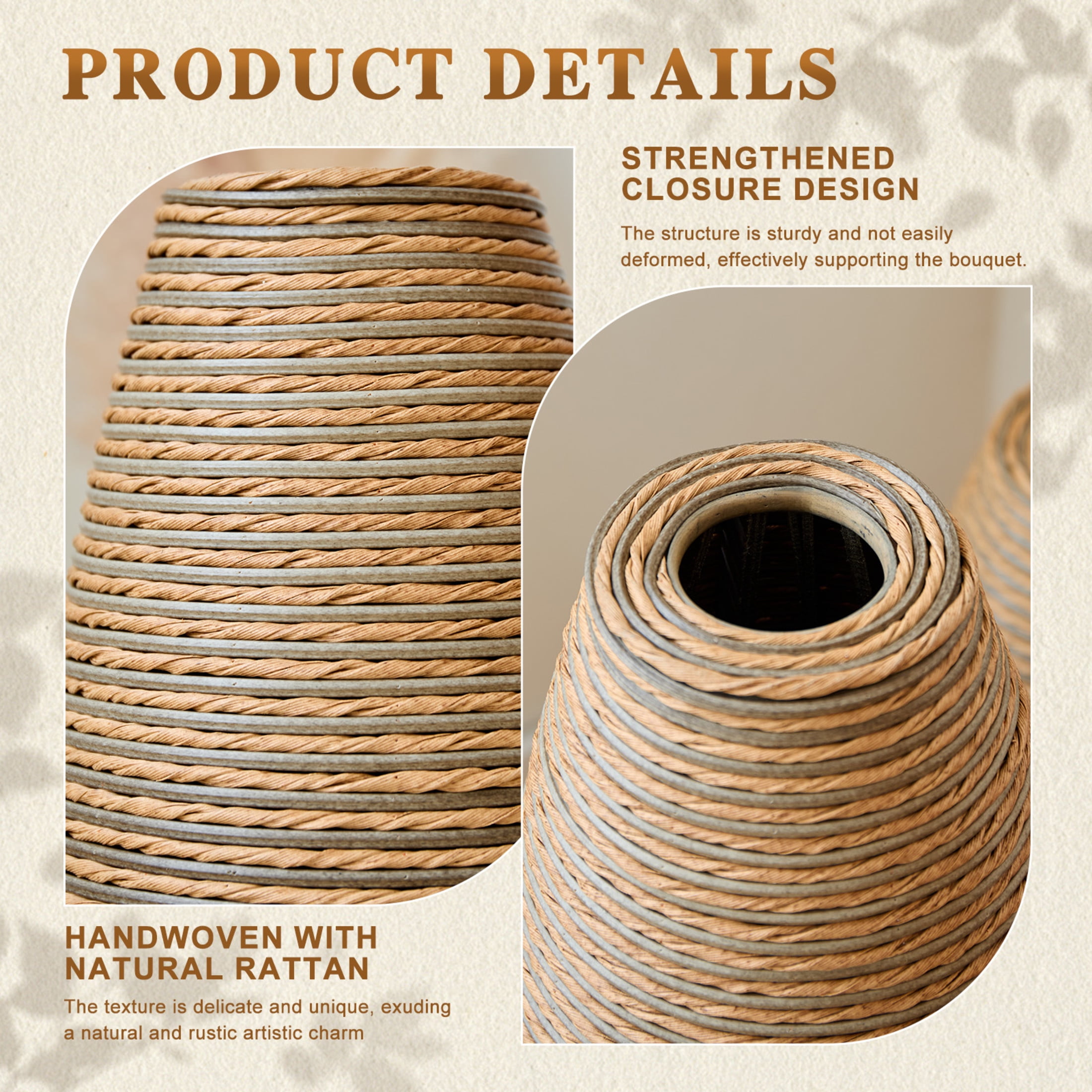 Noble House 19.69", 23.2", 27.56" PVC Floor Vase Set of 3, Handcrafted Rattan-Like, Beige Brown