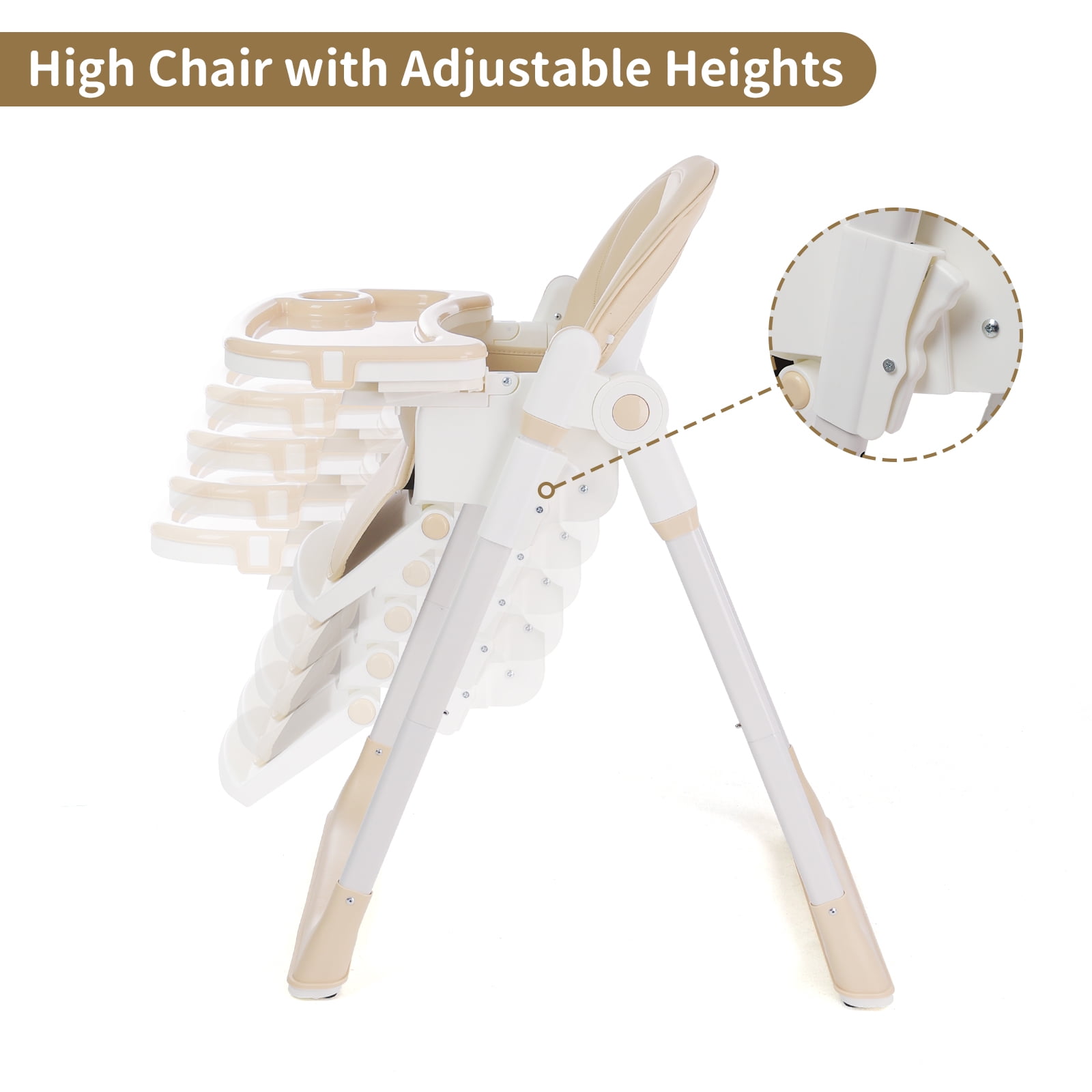 Cochildor Foldaway 3-in-1 High Chair for Babies & Toddlers, with 5 Point Harness, Tray, Foot Rest and Wheels, Beige