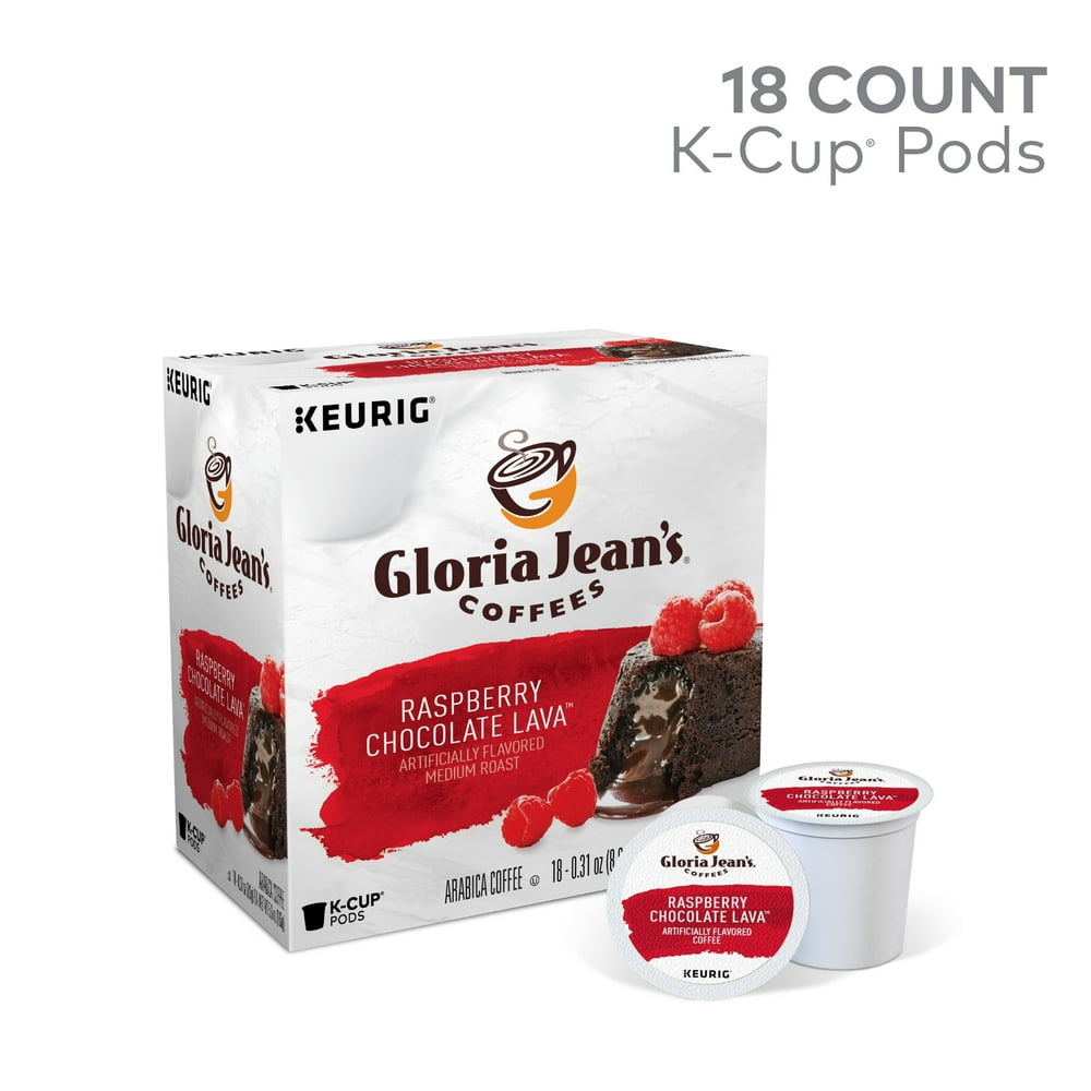 Gloria Jean's Coffee Raspberry Chocolate Lava Flavored KCup Pods, Light Roast, 18 Count for