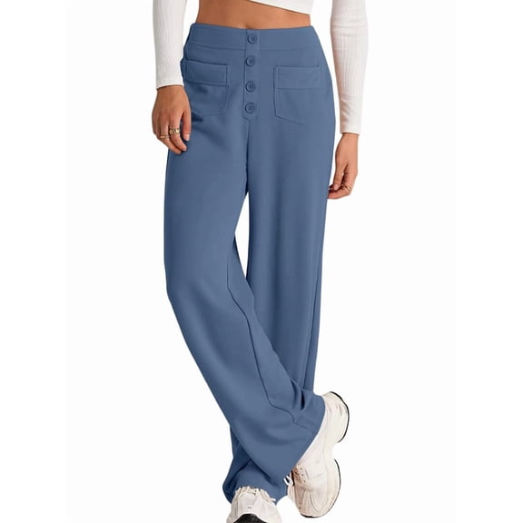 Womens High Waist Button Stretchy Pants Straight Leg Office Dress Pant Casual Trousers with Pocket Denim Blue M
