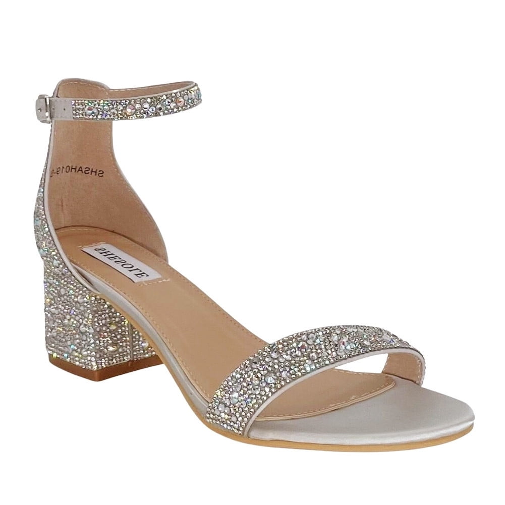 SheSole Rhinestone Sandals Open Toe Strappy Low Block Heel Wedding ...
