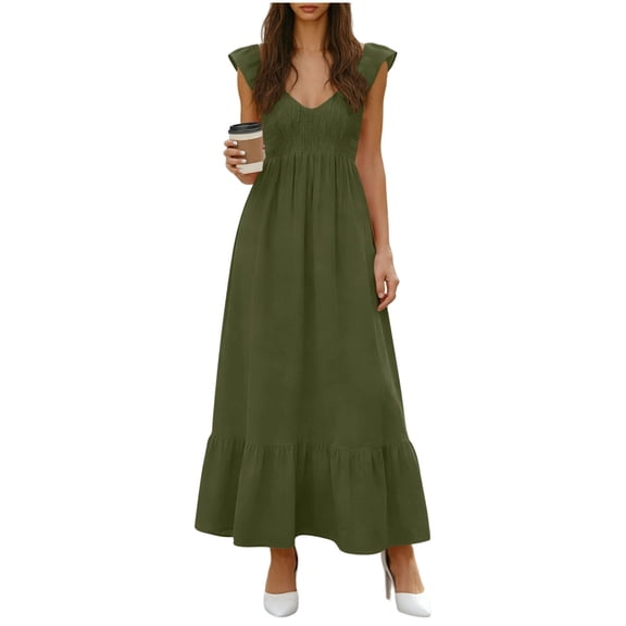 Kvture Maxi Dresses for Women Loose V Neck Ruffle Cap Sleeve Casual Beach Vacation Dress Pleated A Line Solid Sundresses Army Green S