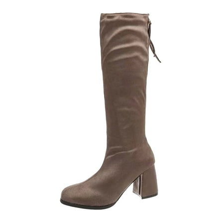 

GNEIKDEING Autumn And Winter Women Knee Boots High Heel Thick Heel Round Toe Back Zipper Solid Color Comfortable Gift on Clearance