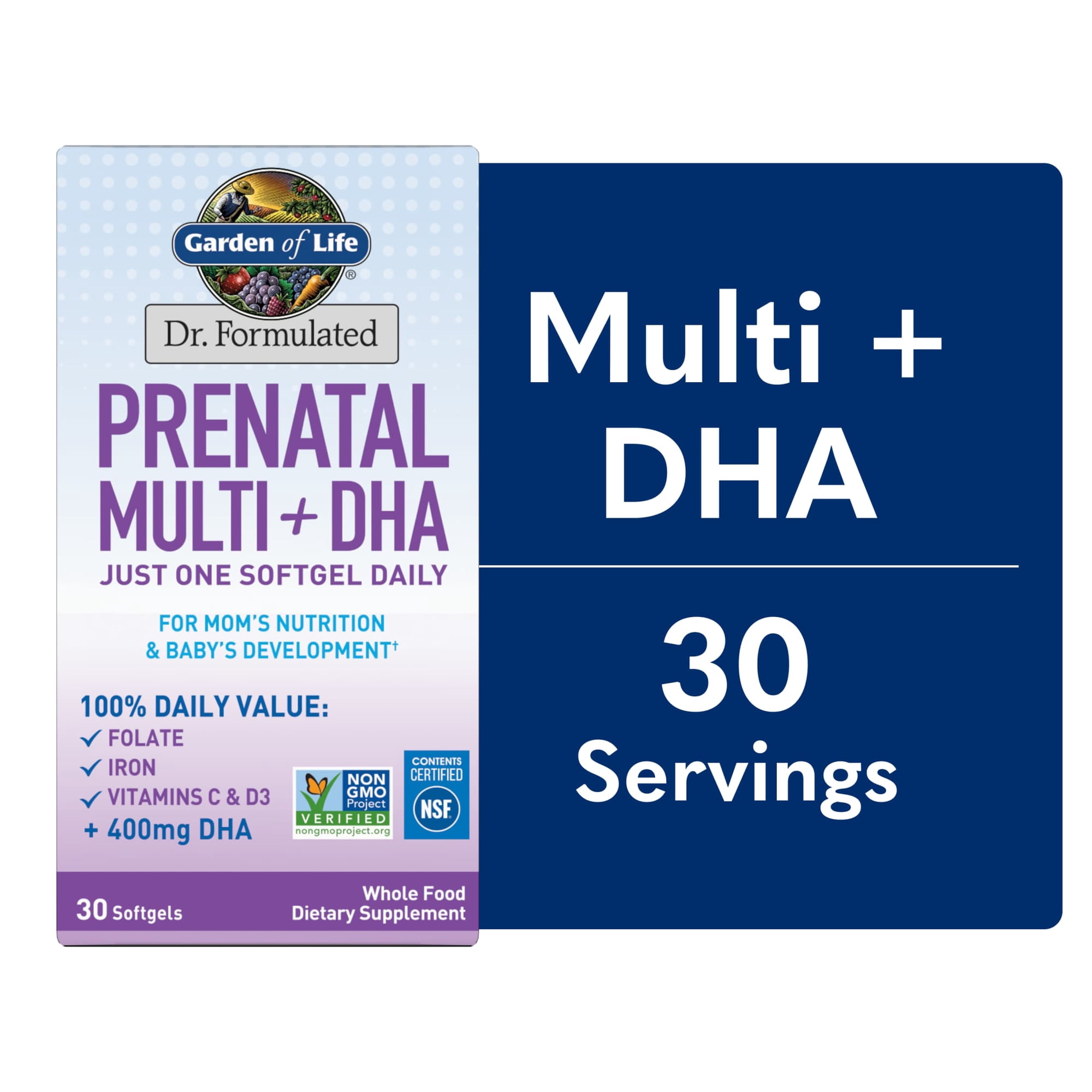 Garden of Life Dr. Formulated Prenatal Pregnancy Women's Multivitamins + DHA with Folate & Iron for Mom's Nutrition & Baby's Development, 30 Count