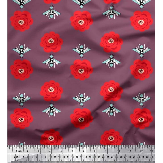 Soimoi Cotton Poplin Fabric Floral & Bee Insects Printed Fabric 1 Yard 56 Inch Wide