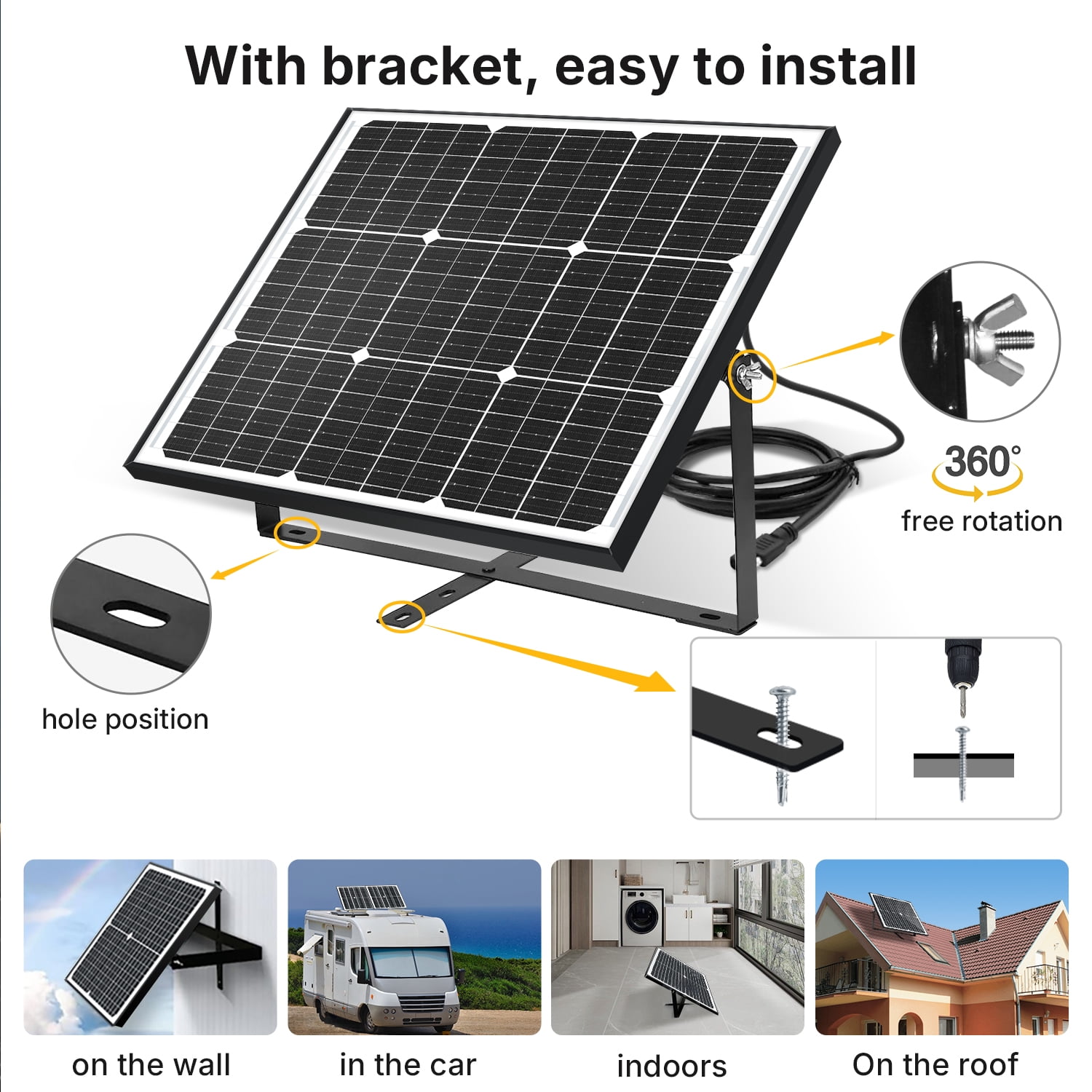 SAGEPEAK 50W Solar Panel Kit, 12V/24V 10A PWM Controller 22% High Efficiency IP65 Waterproof Adjustable Bracket for Roof, RV, Marine, Off-Grid