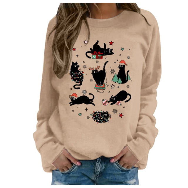 HNMKIU Chandail en Molleton à Col Rond pour Femmes Automne Hiver Imprimé de Noël