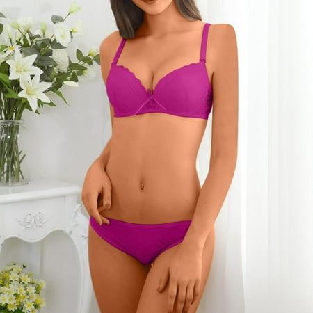 Voncos 2 Piece Lingerie for Women Lace Comfortable Strappy Gathering Bras and Underpants Lingerie Set Hot Pink Size c