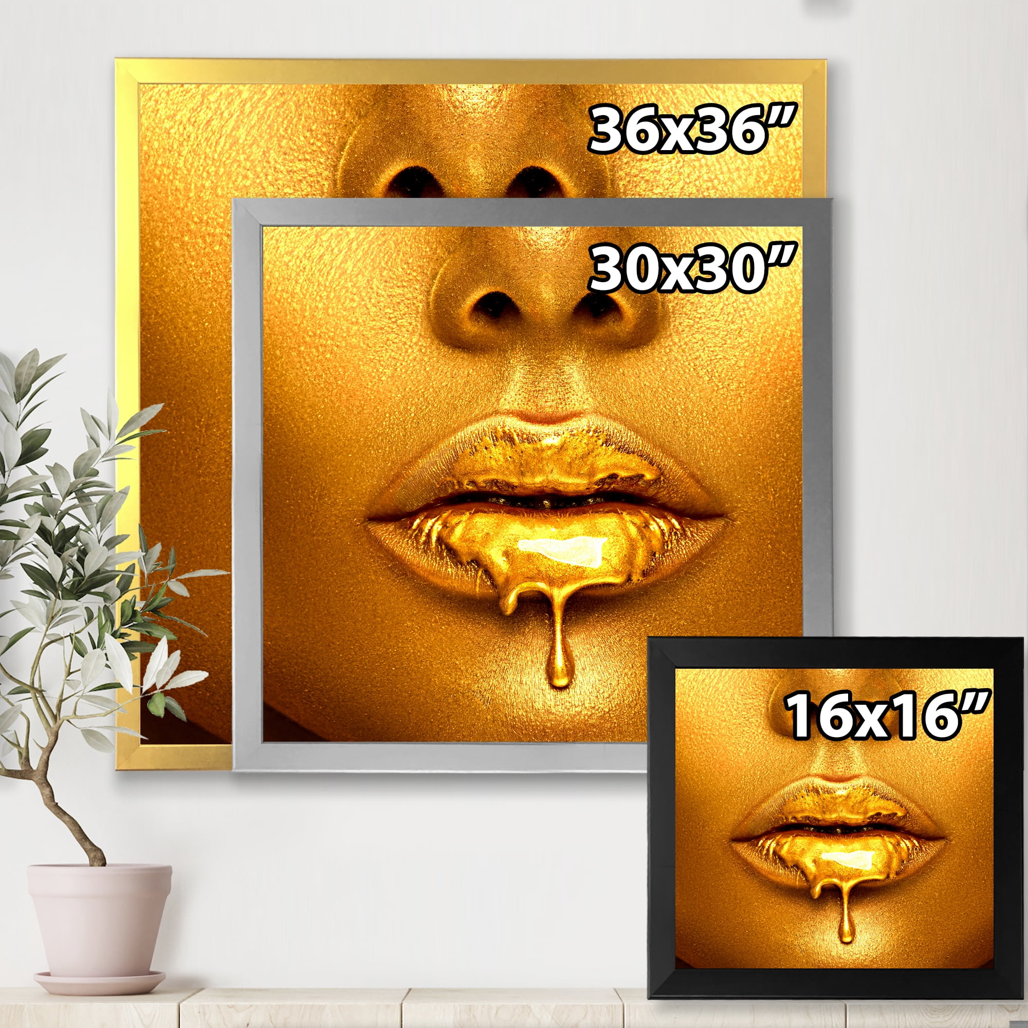 Designart 'Gold Paint Drips From Sexy Girl Lips' Modern Framed Art Print