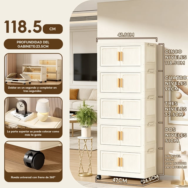 5 Cajas de Almacenamiento Plegables con 5 Niveles, Ruedas Silenciosas, Puerta Magnética, Organizadores Apilables de ABS de 50X25X120 Cm, Cajas de Organización Removibles para Dormitorio
