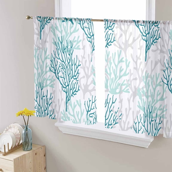 Teal Grey Coral Coastal Sheer Curtains 54 Inches Length 2 Panels Set, Window Sheer Curtains for Living Room/Bedroom, Summer Beach Seaside Nautical Light Filtering Rod Pocket Curtain 52'' x 54'' x 2