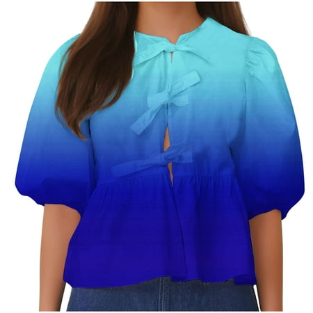 Dovford Women Bow Tie Front Shirt Top Cute Puff Sleeve Y2K Peplum Ruffle Babydoll Blouse Lace Up Summer Going Out 2024