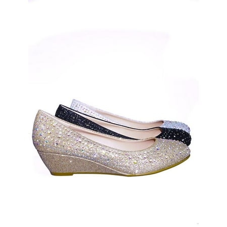- Fisher2 by Forever Link, Rhinestone Embellished Mesh Glitter On Low Wedge Dress Pump