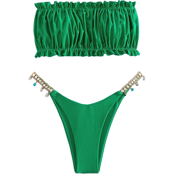 Traje de baño de tanga de corte alto sin tirantes, conjunto de bikini bandeau con volantes de diamantes de imitación Verde CH Verde CH Xishao ropa