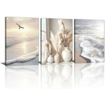 3 Pcs Boho Beige Canvas Wall Art Aesthetic Green Botanical Wall Pictures Minimalist Geometric Line Plants Leaf Art Prints Painting Home Decor for Bedroom Living Room Office Ready To Hang 16"x24"x3Pcs