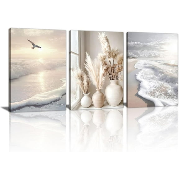 3 Pcs Boho Beige Canvas Wall Art Aesthetic Green Botanical Wall Pictures Minimalist Geometric Line Plants Leaf Art Prints Painting Home Decor for Bedroom Living Room Office Ready To Hang 16"x24"x3Pcs